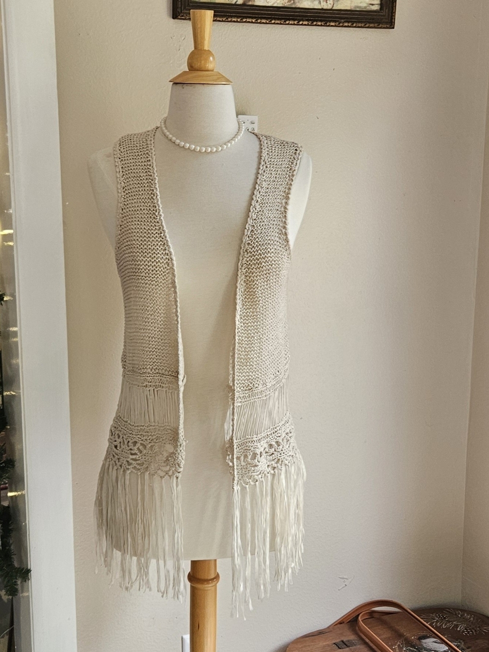 Full Tilt Cream Crochet Fringe Vest Large